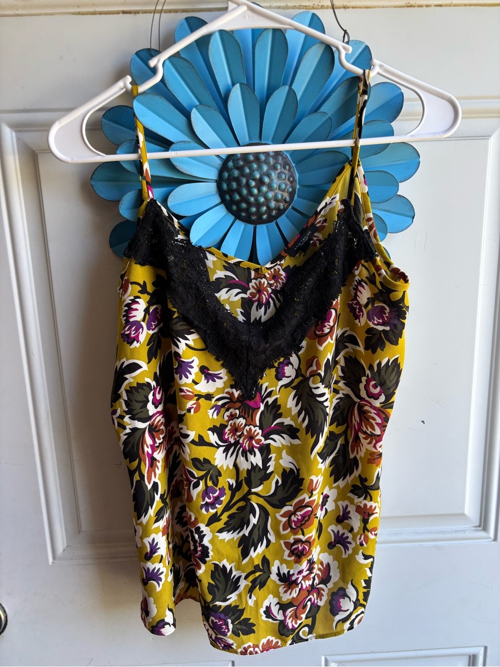 Ann Taylor Yellow Floral Satin Cami with Black Lace Trim